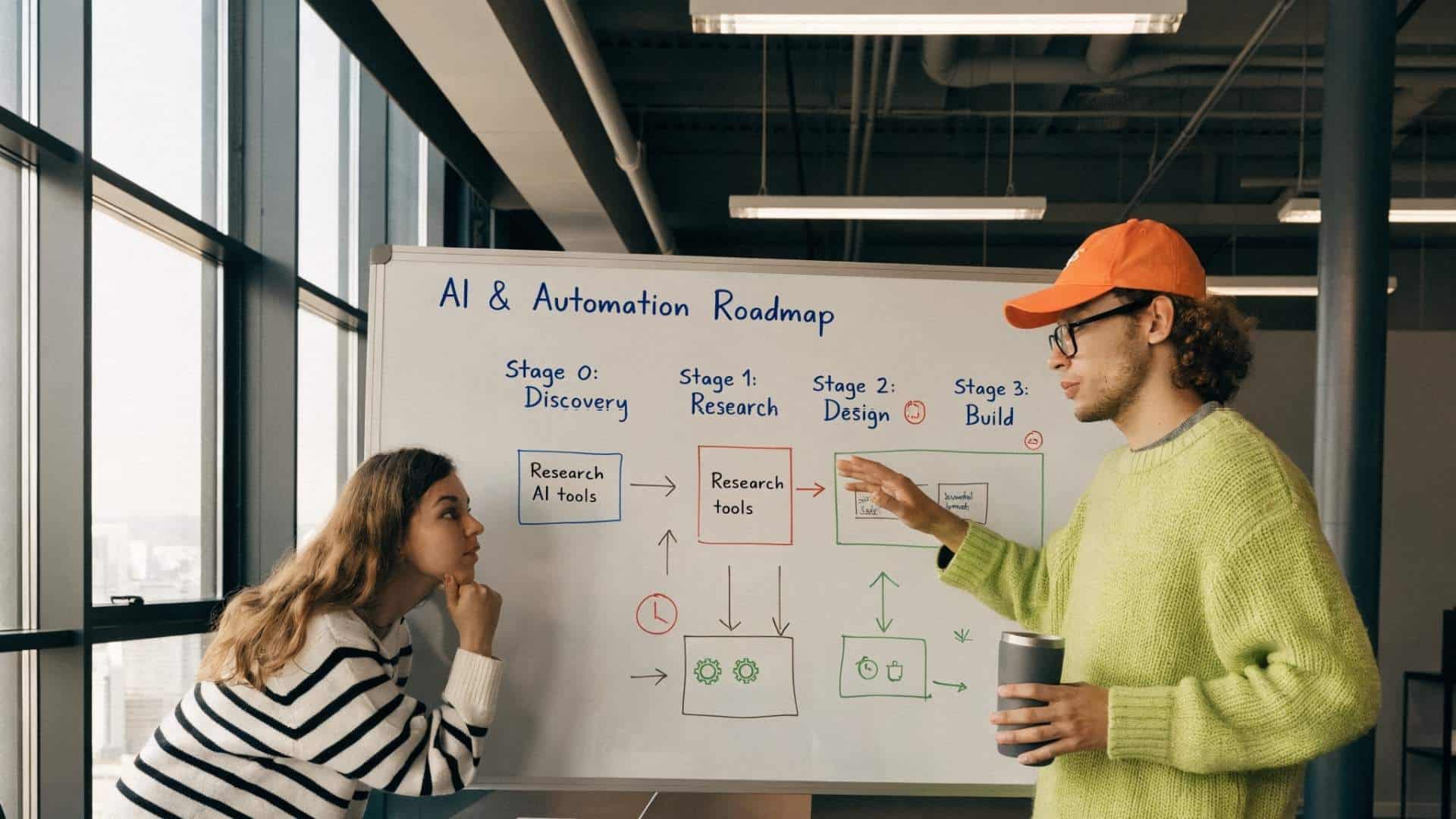 a-whiteboard-with-a-technology-roadmap-drawn-in-stages-two-people-reviewing-it