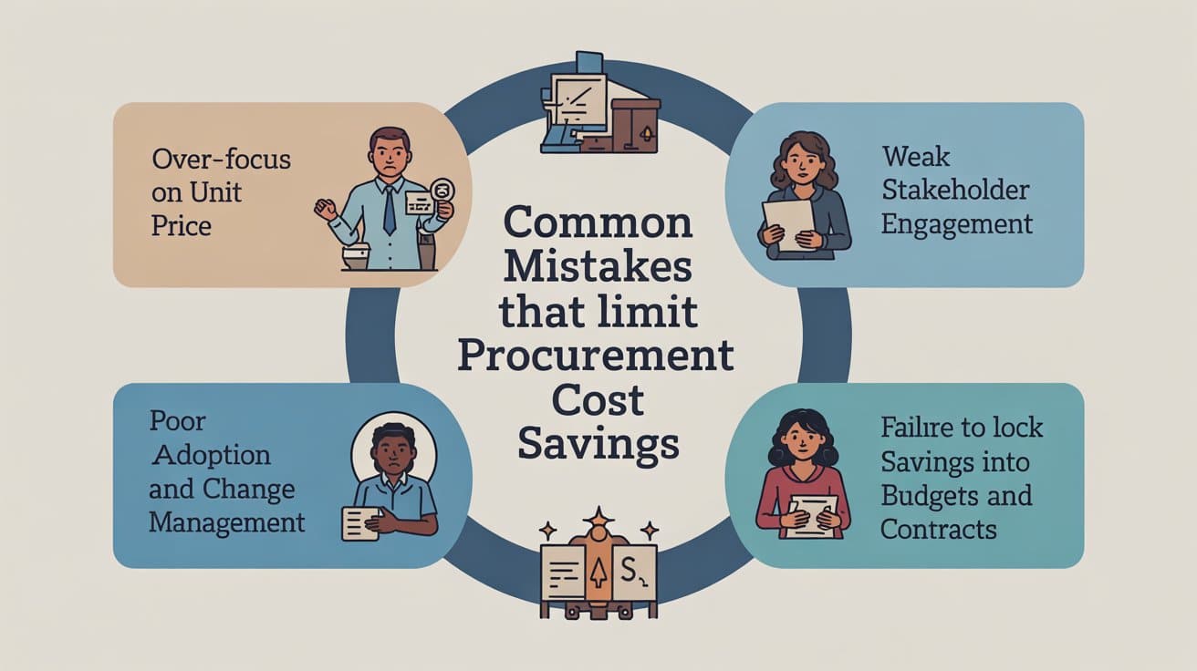Infographic showing common mistakes that limit procurement cost savings, including over-focus on unit price, weak stakeholder engagement, poor adoption and change management, and failure to lock savings into contracts.