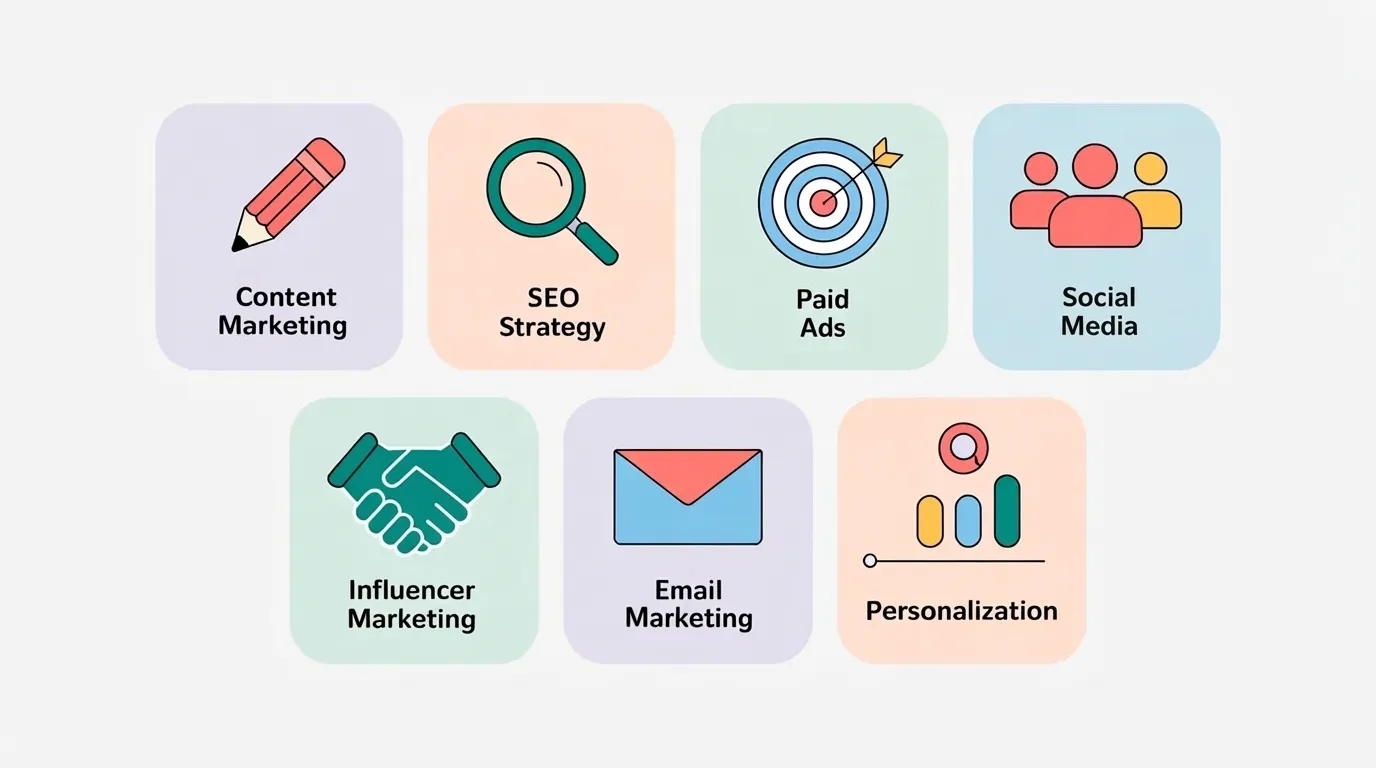 Visual overview of seven fintech marketing strategies with icons