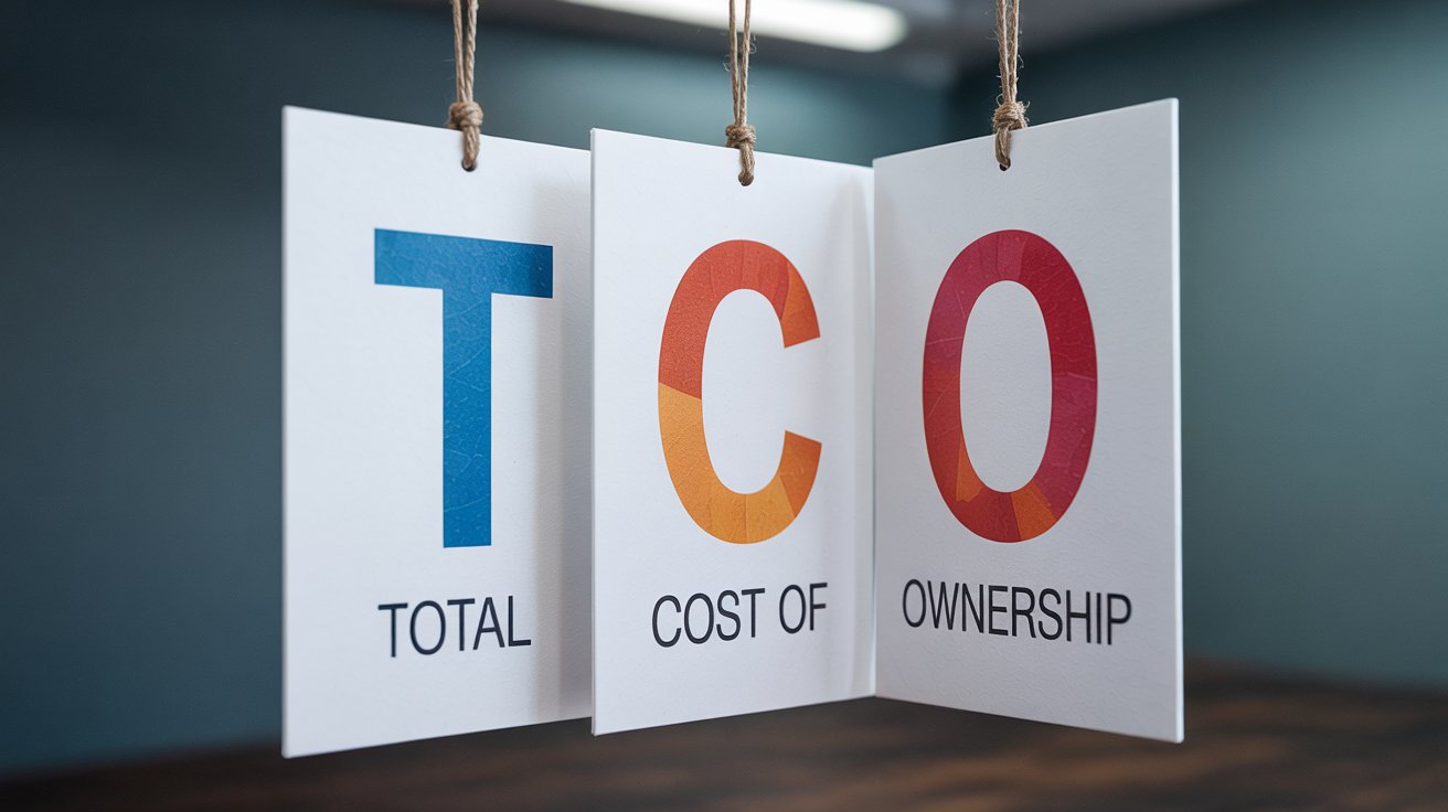 Image representing total cost of ownership with hanging cards labeled TCO and text about cost transparency methods.