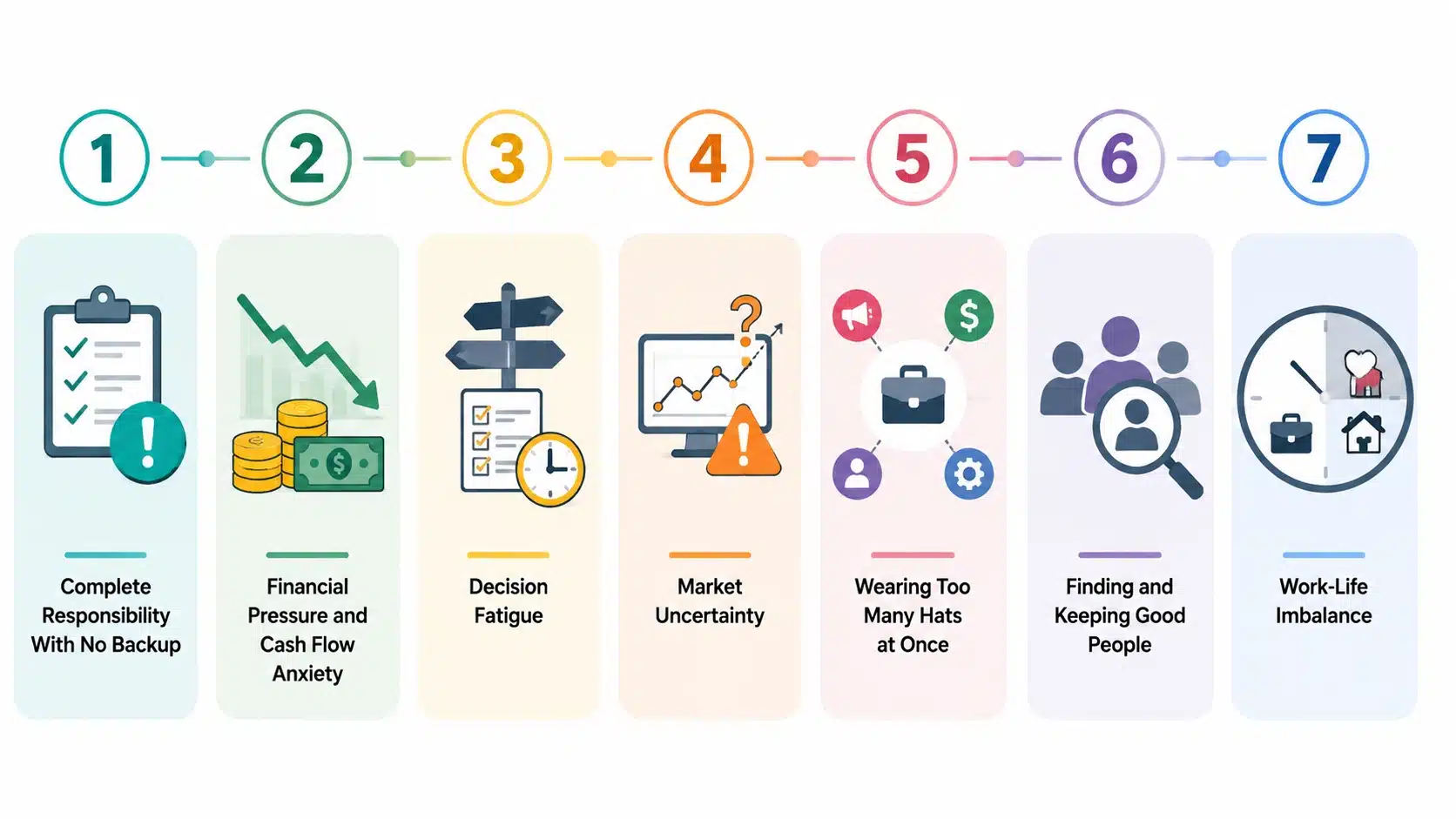 Infographic showing seven causes of entrepreneur stress including responsibility, financial pressure, decisions, uncertainty, workload, hiring, and balance.