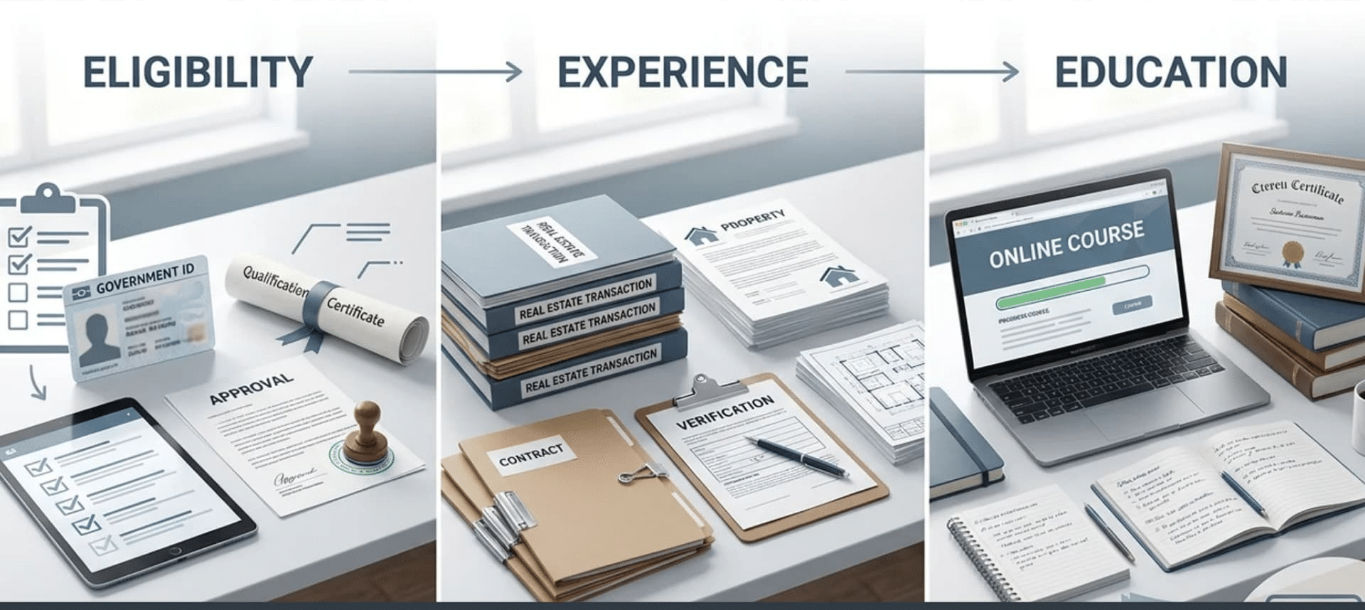 Graphic detailing the three real estate broker requirements eligibility, experience, and education.