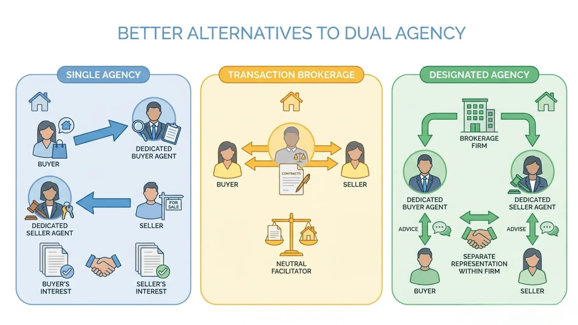Infographic comparing three alternatives to dual agency: Single Agency, Transaction Brokerage, and Designated Agency.