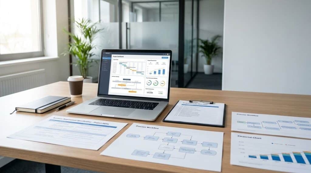 Business requirements planning with documents, charts, and workflow tools.