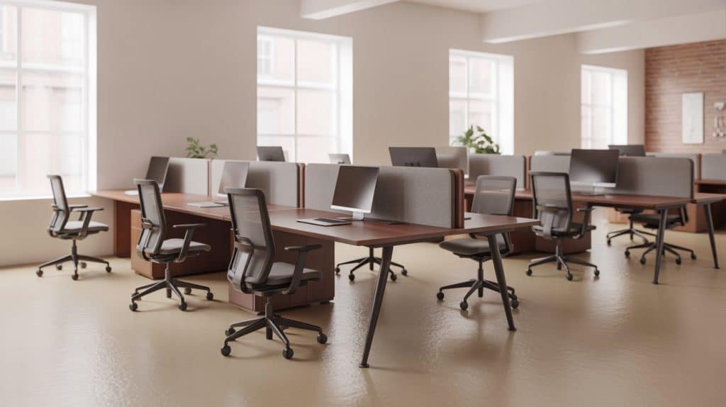 Modern open-plan coworking space with empty desks, office chairs, and desktop computers.