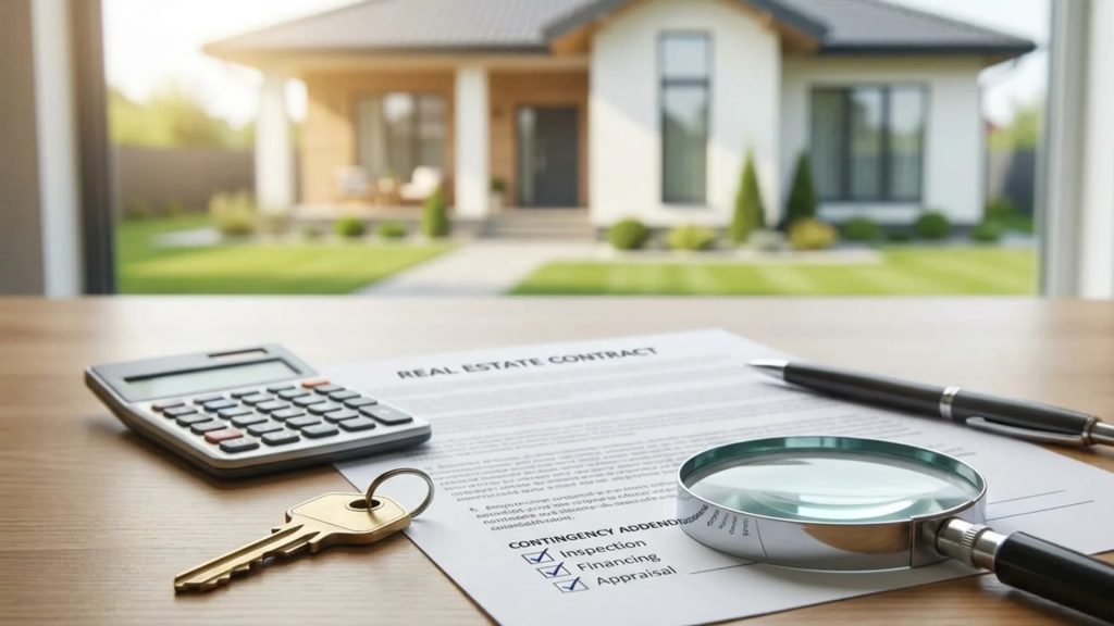 A real estate contract, house key, and magnifying glass on a desk in front of a blurry modern home.