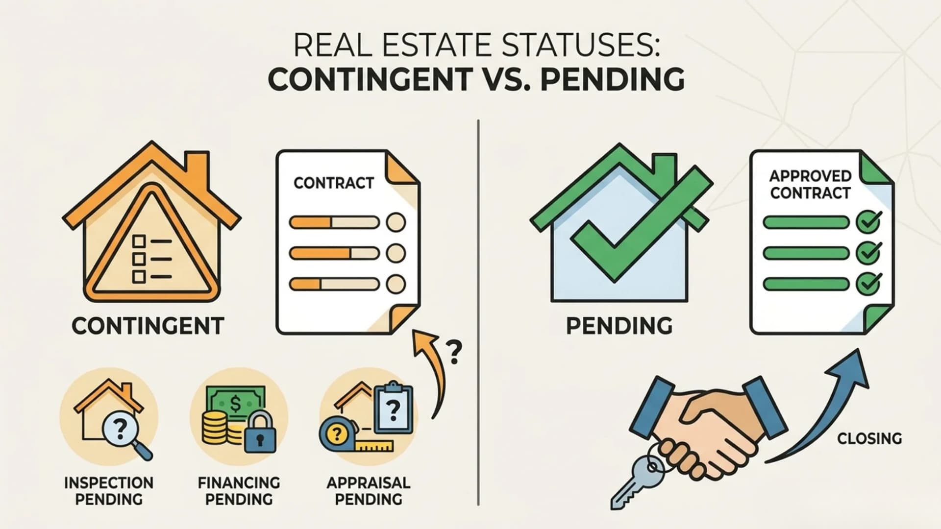 Infographic illustrating the differences between contingent and pending real estate statuses.