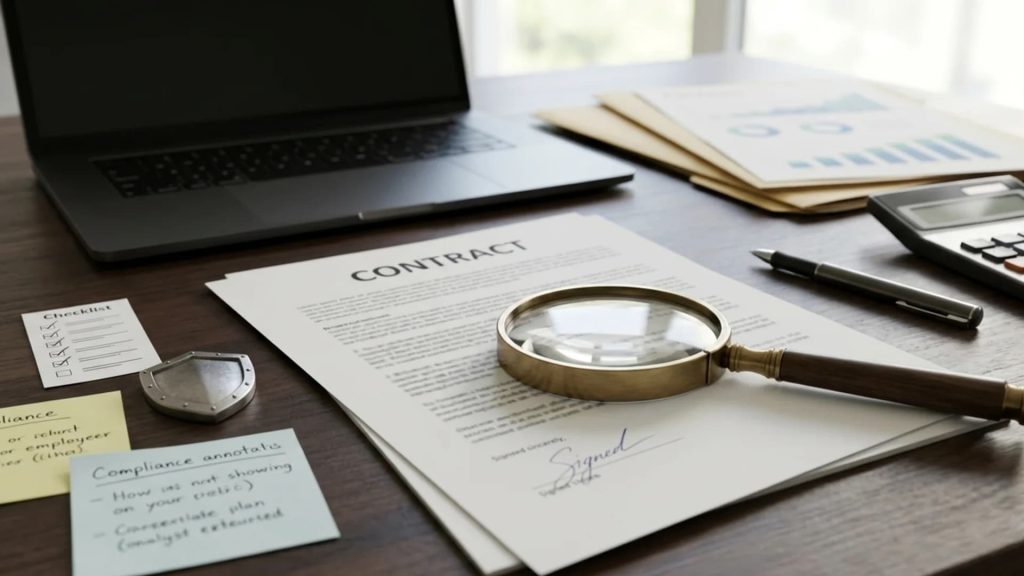 A magnifying glass examining a signed contract on a professional workspace desk.
