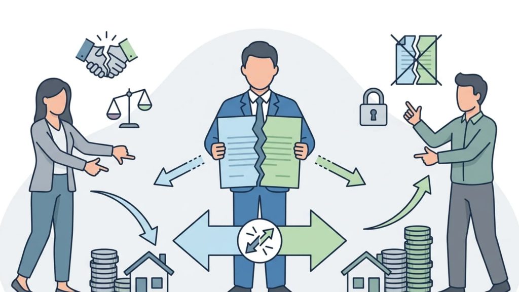 Vector illustration depicting a real estate dual agent standing between a buyer and seller with conflicting interests.