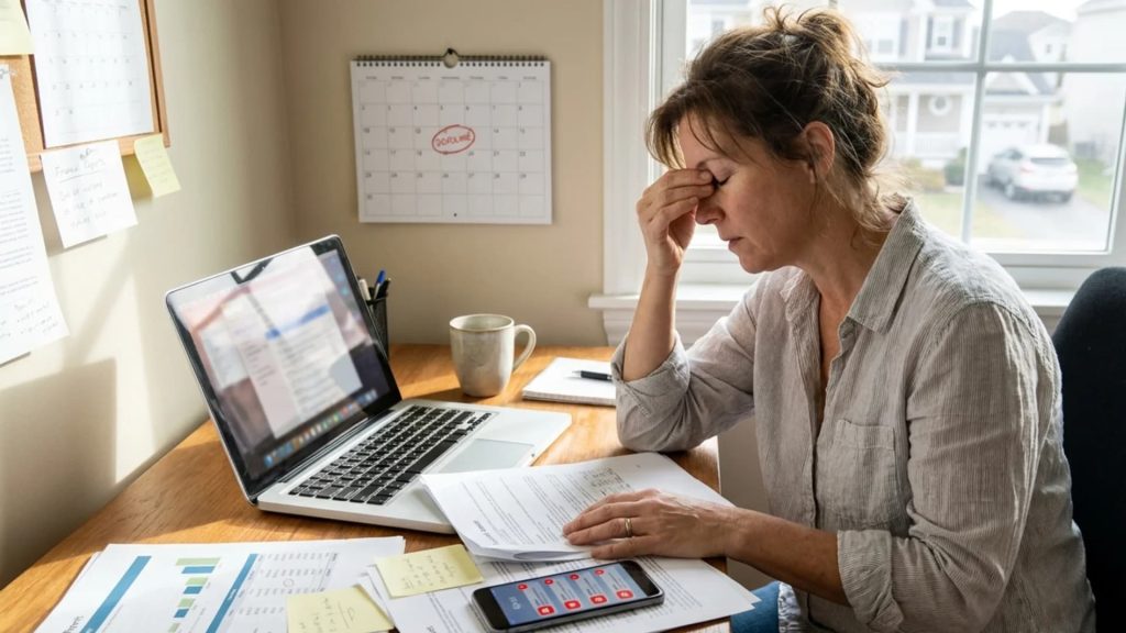 A stressed woman sitting at her desk holding her head while working on a laptop.