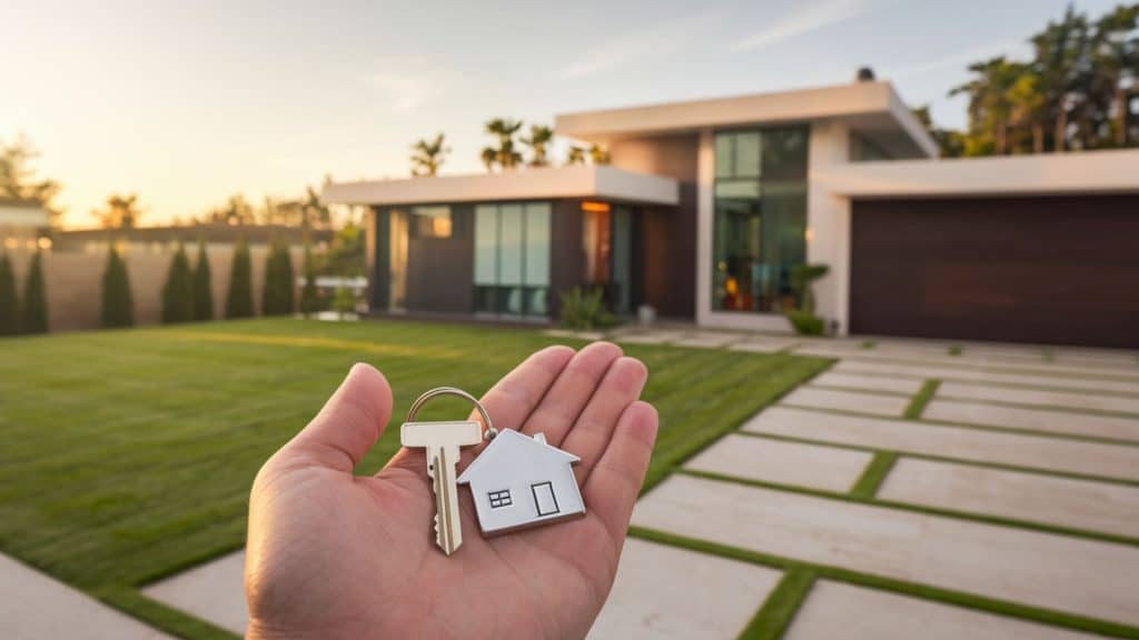 A person holding out house keys in front of a modern residential home.