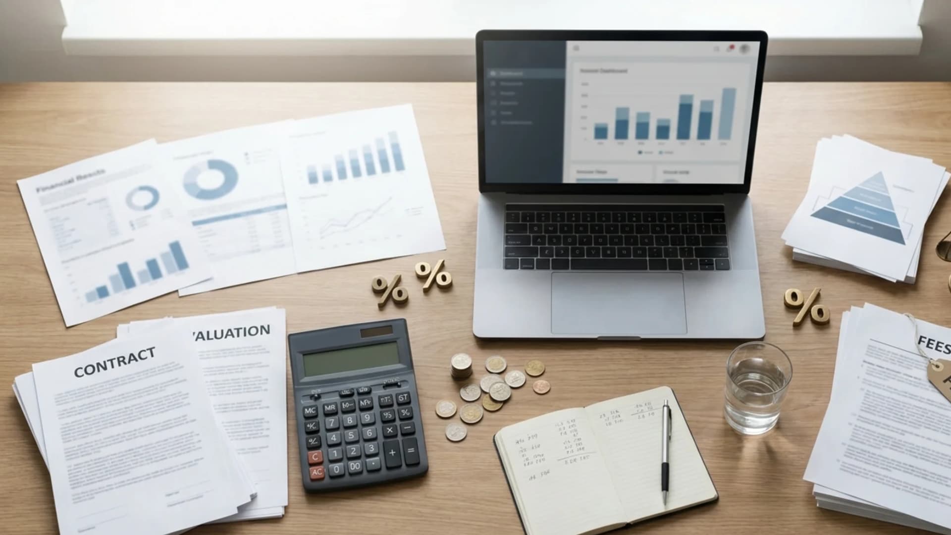 Financial valuation documents, calculator, laptop, and contract papers on an office desk.