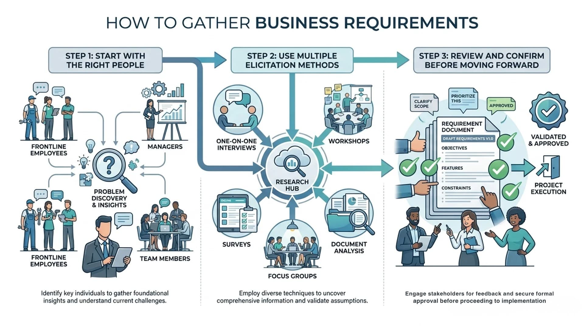 Flowchart detailing a 3-step process to gather business requirements: engage the right people, use varied elicitation methods, and review before execution.