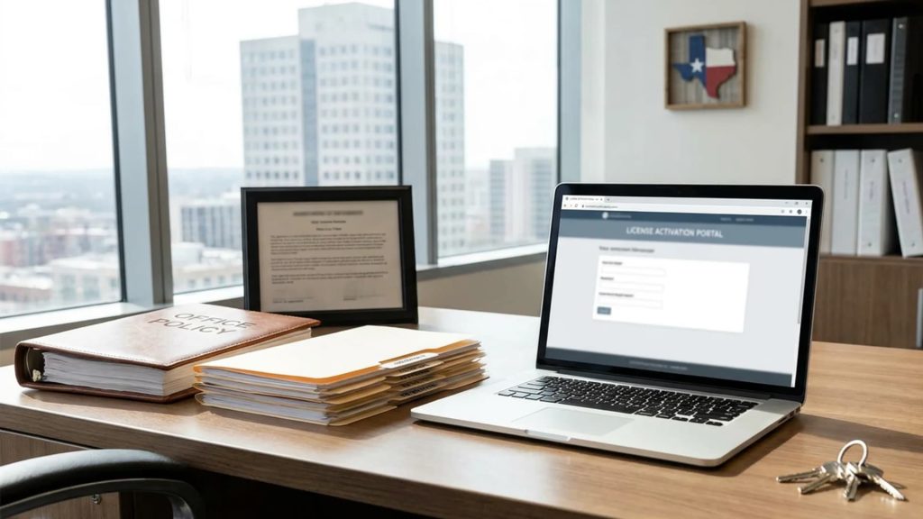 A modern office desk setup with a laptop displaying a portal, a framed certificate, folders, and keys.