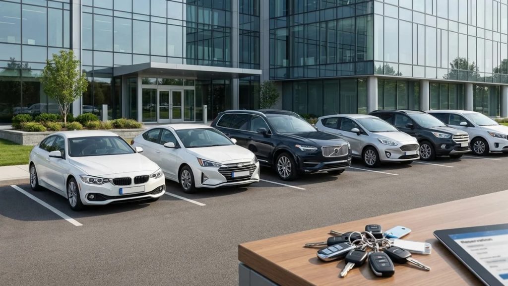 A fleet of rental cars parked outside an office building with car keys and documents on a table in the foreground.