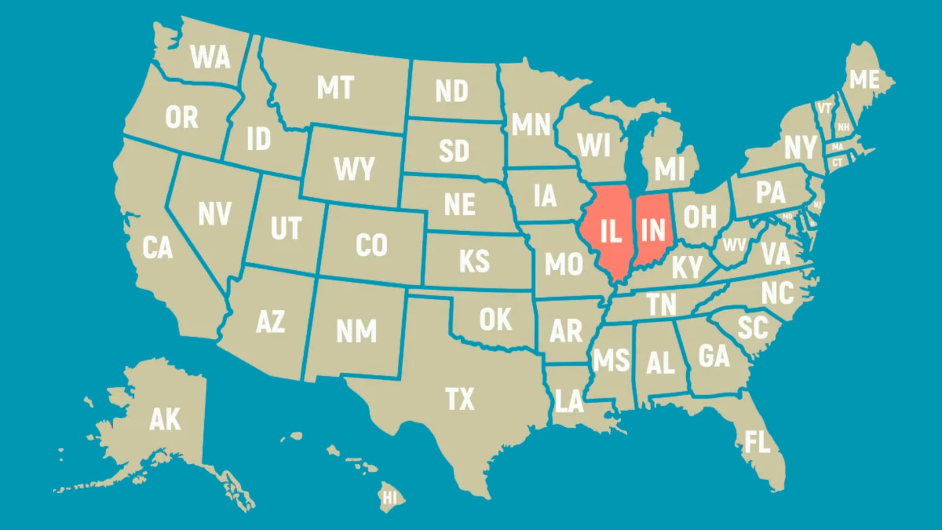 A map of the United States in blue with state abbreviations, featuring Illinois and Indiana highlighted in bright orange.
