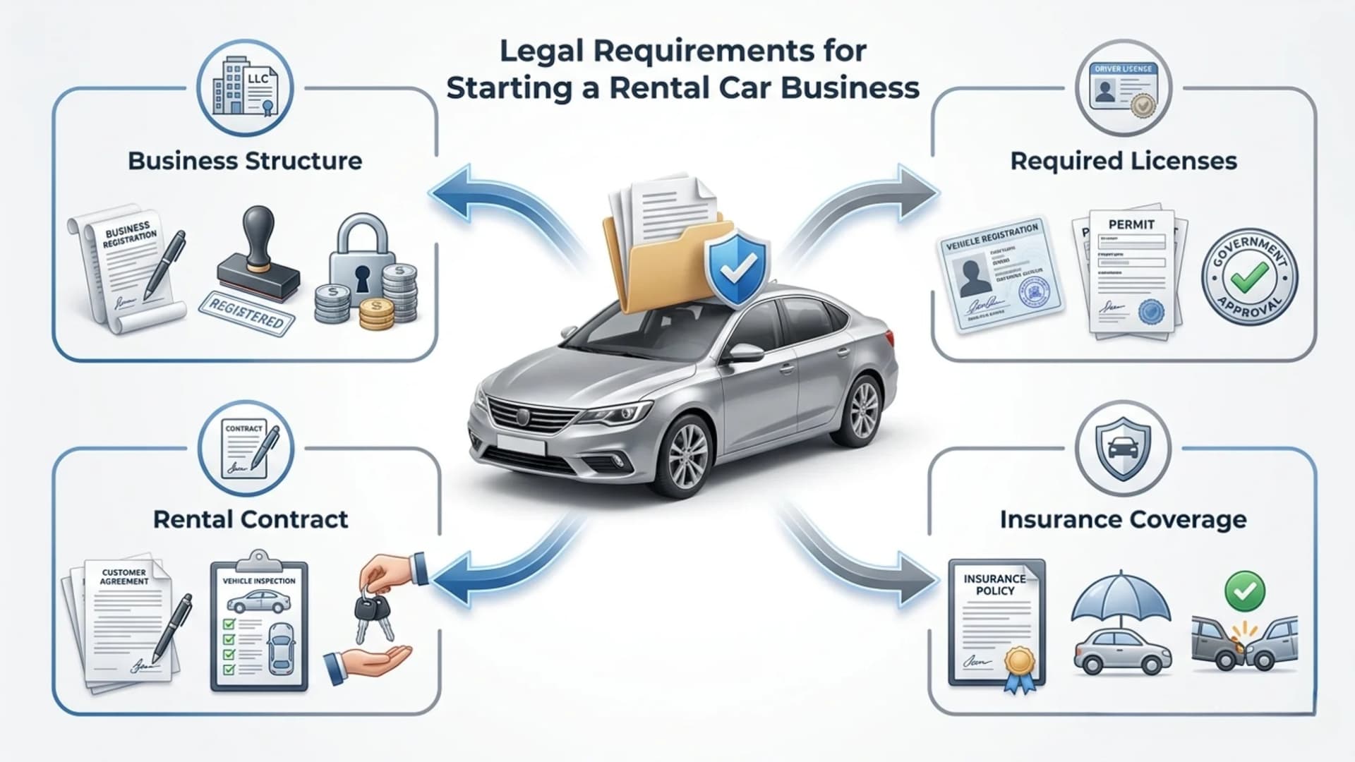 An infographic showing the four legal steps for starting a rental car business around a central car icon.