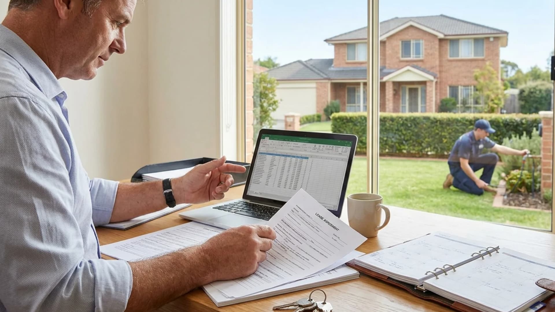 Real estate landlord organizing financial paperwork and managing rental property operations from a home office.
