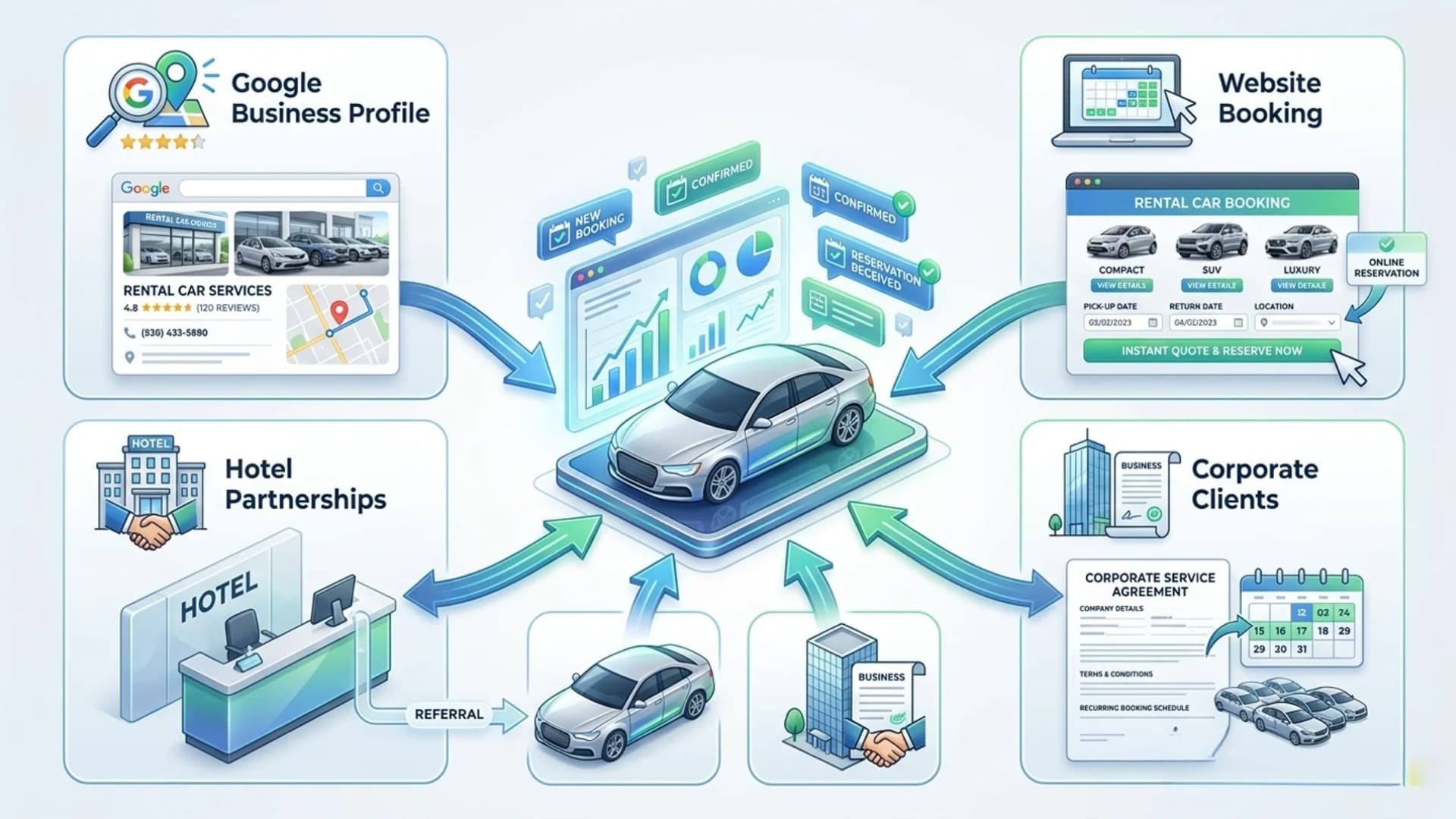 Infographic illustrating four marketing channels for getting car rental bookings centered around a vehicle.