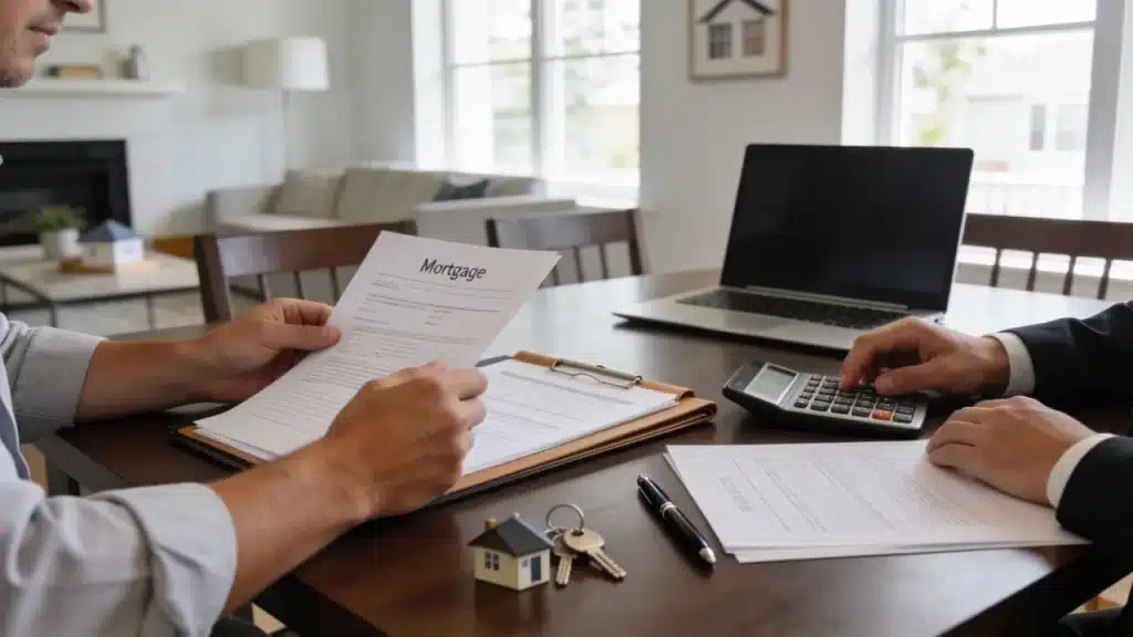 Homebuyer reviewing mortgage documents and seller concession details with a real estate agent.