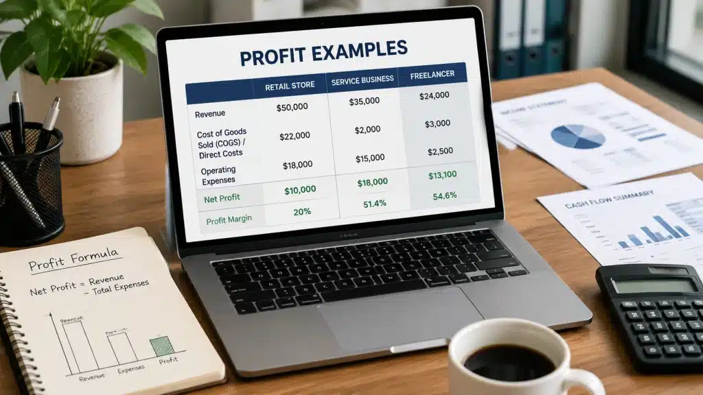 Real-life profit examples showing retail, service, and freelancer businesses with revenue, net profit, and profit margins