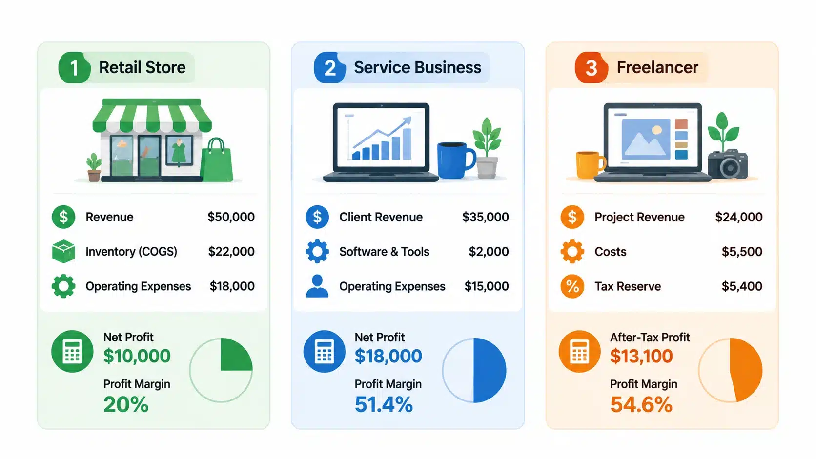 Infographic comparing profit examples for retail stores, service businesses, and freelancers with revenue, costs, and profit margins