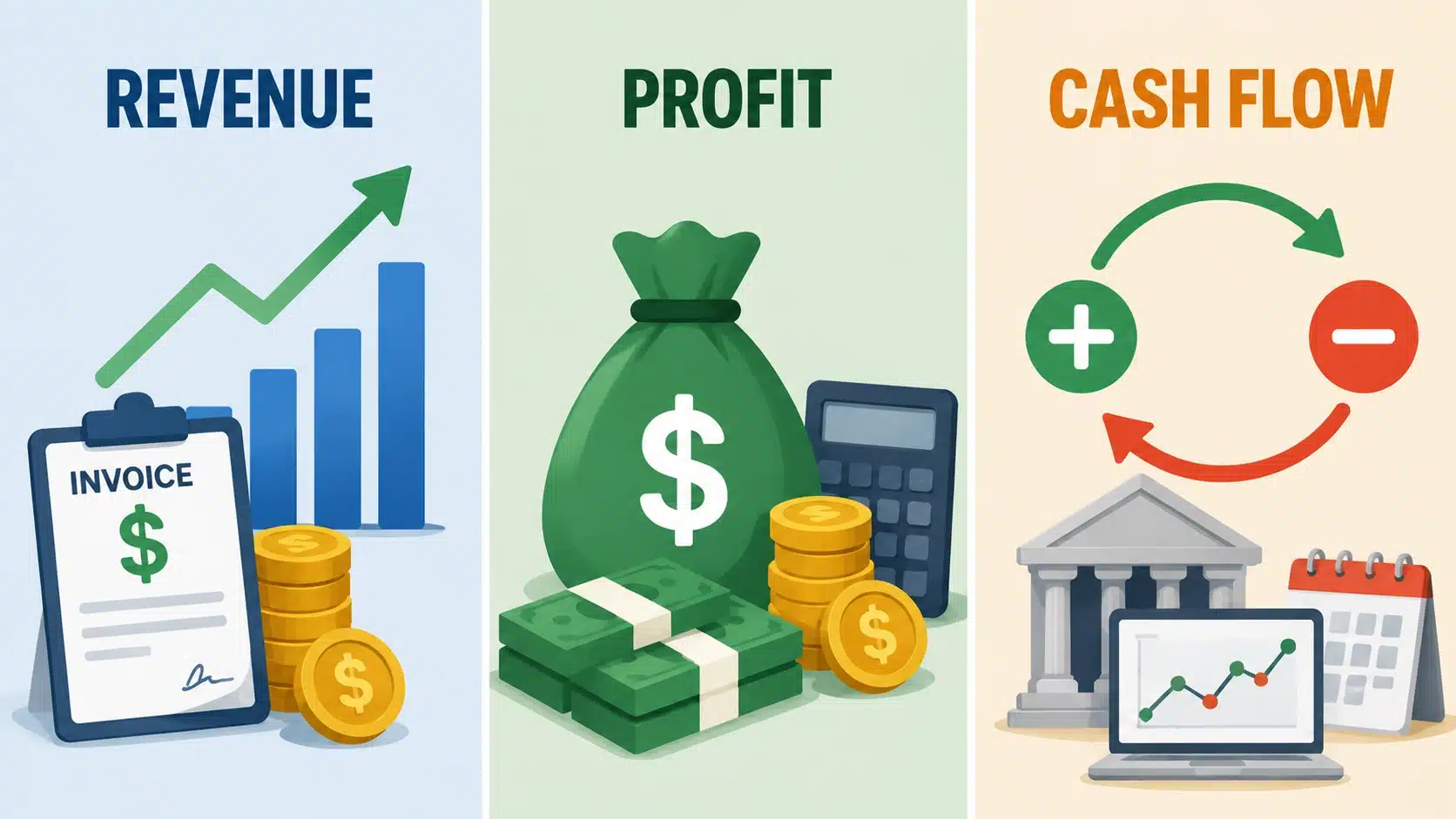 Infographic comparing revenue, profit, and cash flow with business finance icons showing sales, earnings, and money movement
