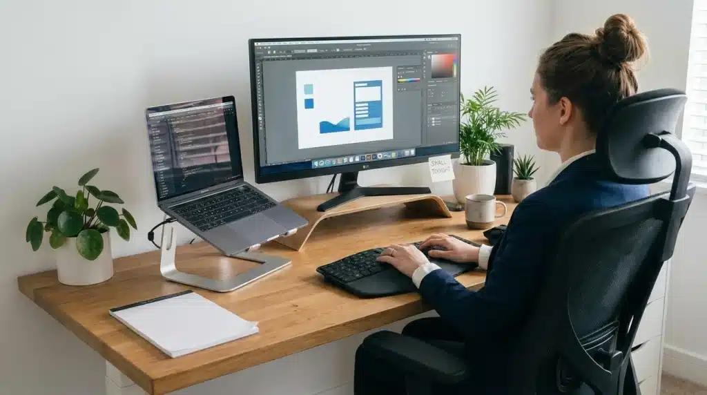 Woman working remotely on a laptop in a modern home office with startup workspace setup and digital tools