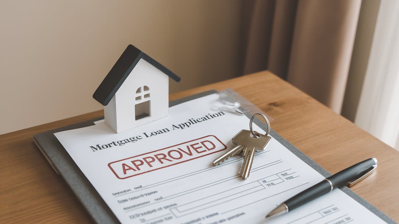 Close-up view of an approved mortgage loan application on a wooden desk, featuring house keys, a pen, and a small white model house.