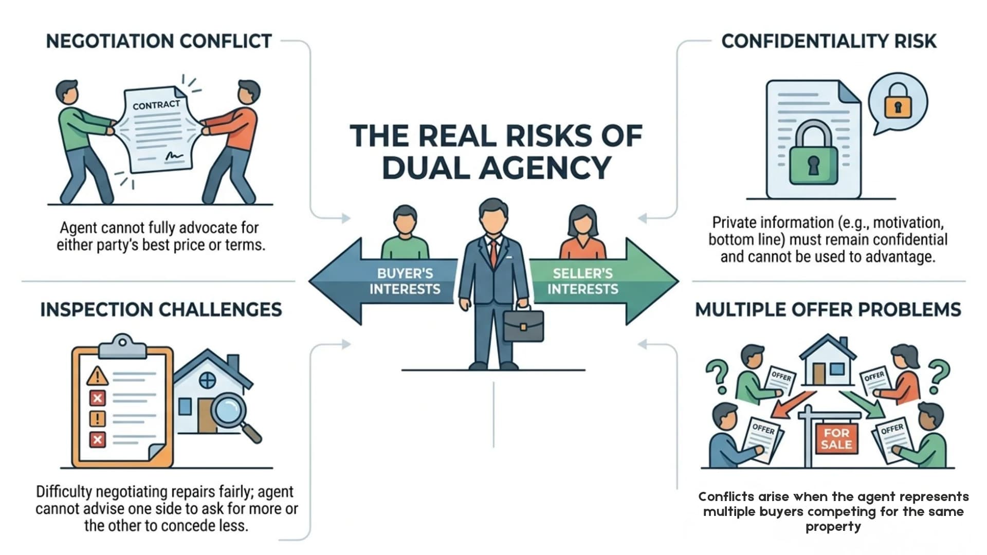 Infographic illustrating the four key risks of dual agency in real estate.