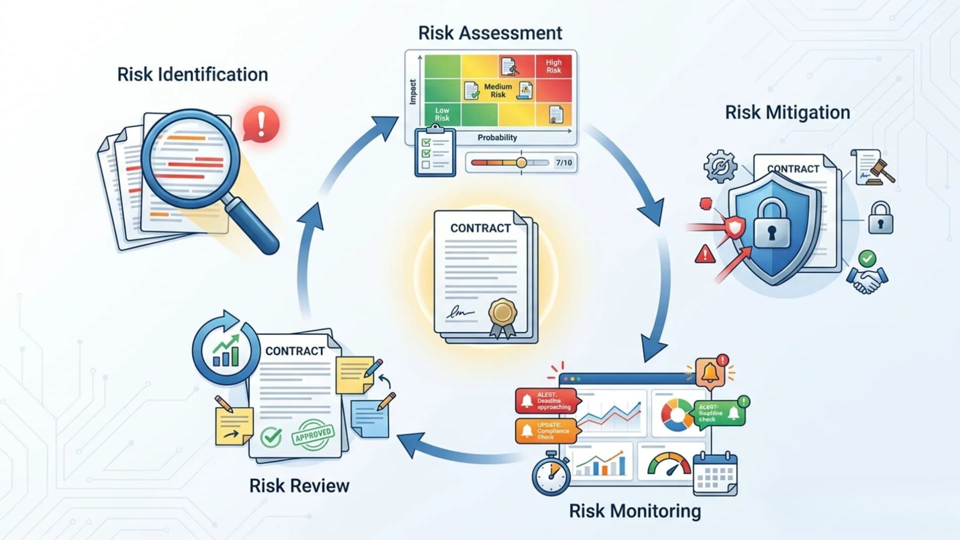 Diagram showing the five main types of contract risks: legal, financial, operational, strategic, and reputational risk.