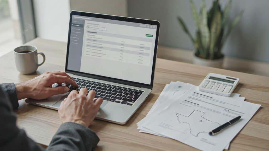 Person checking a Texas real estate license record using a TREC license lookup database on a laptop