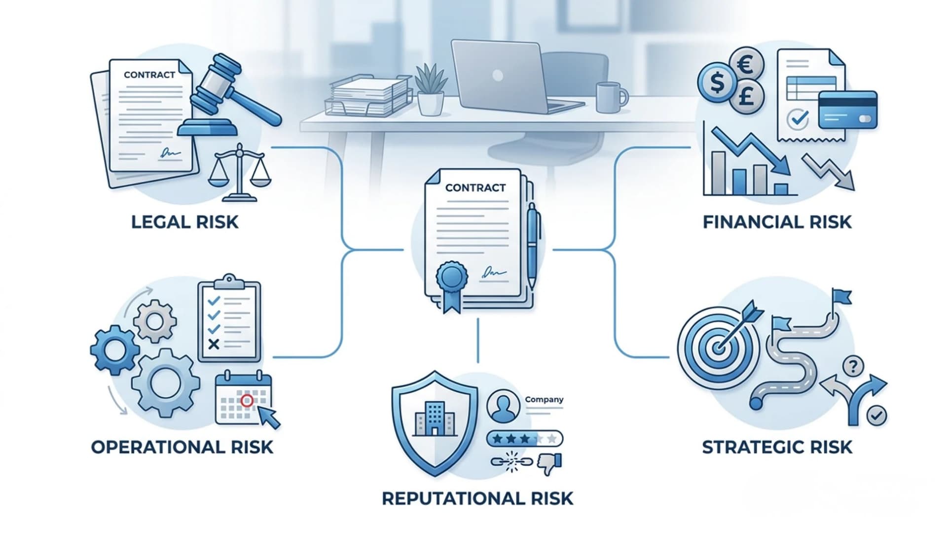 Diagram showing the five main types of contract risks: legal, financial, operational, strategic, and reputational risk.