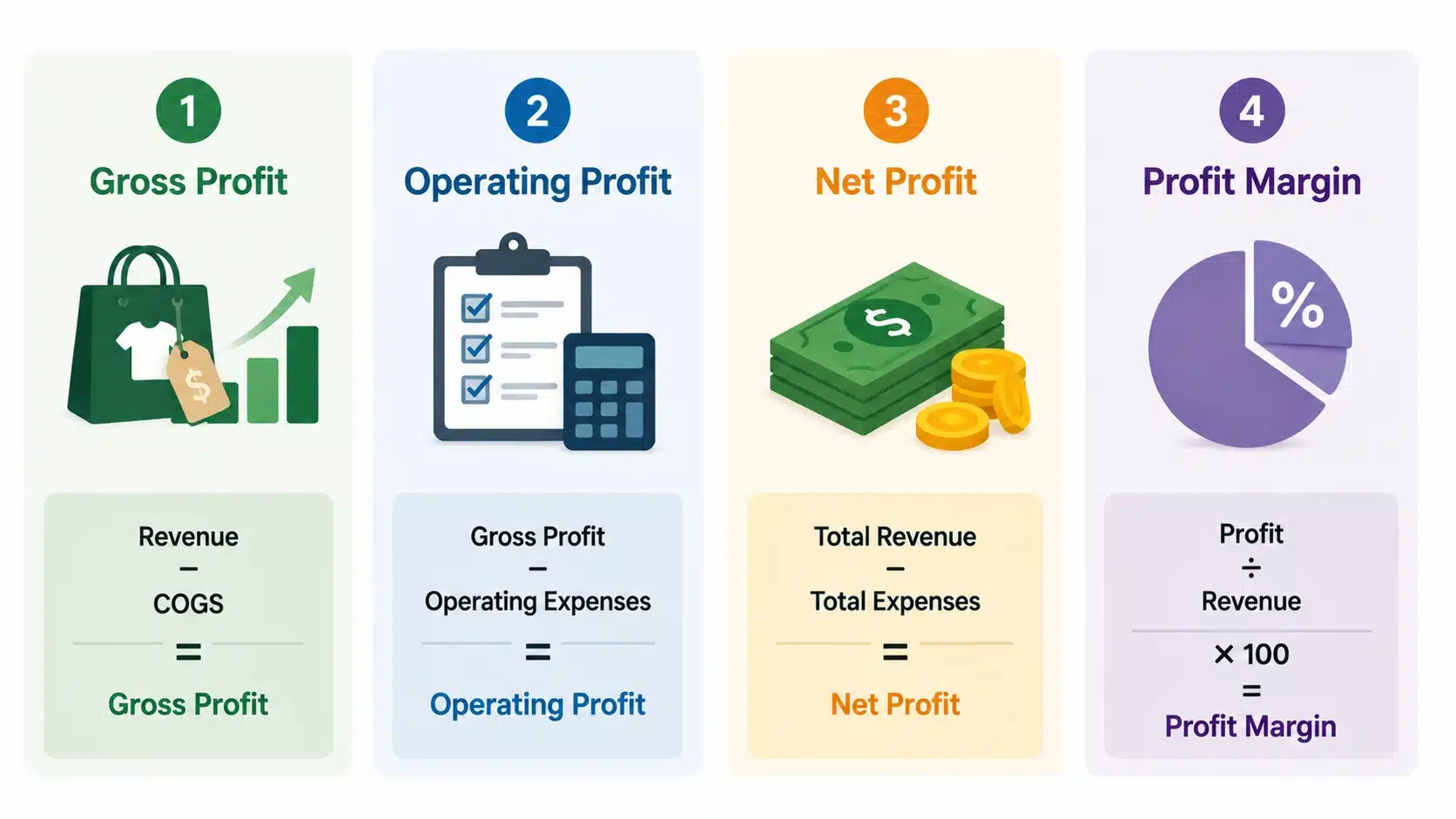 Infographic showing four types of profit formulas: gross profit, operating profit, net profit, and profit margin