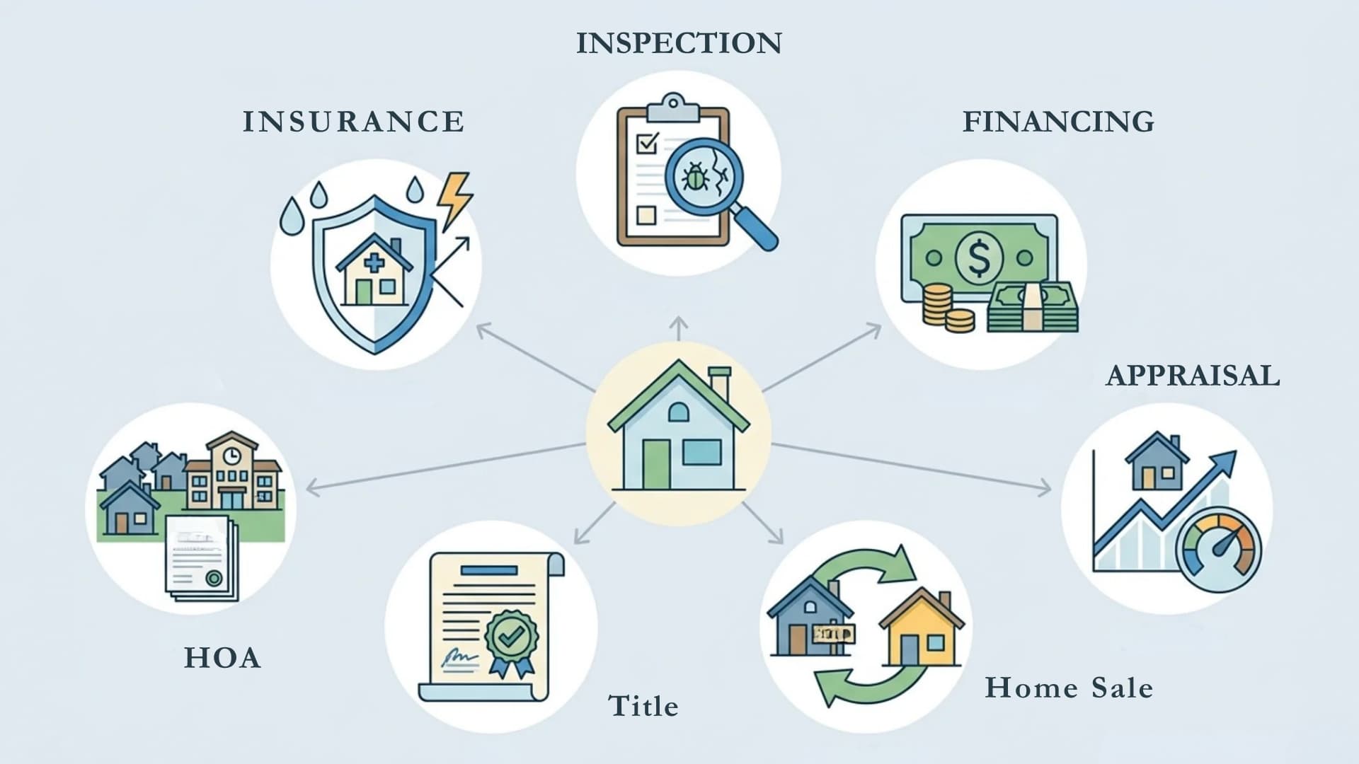 Diagram illustrating seven common types of real estate contingencies connected to a house.