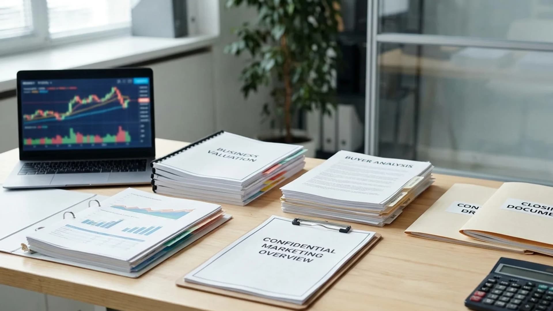 A business broker reviewing financial paperwork and contract documents on an office desk.