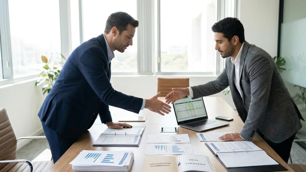 Two business professionals shaking hands across an office desk with financial documents present.