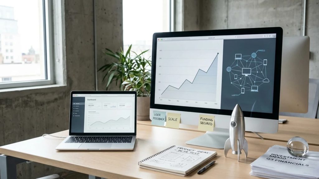 A modern office desk setup with a computer showing a growth graph, a laptop, sticky notes, and a model rocket ship.