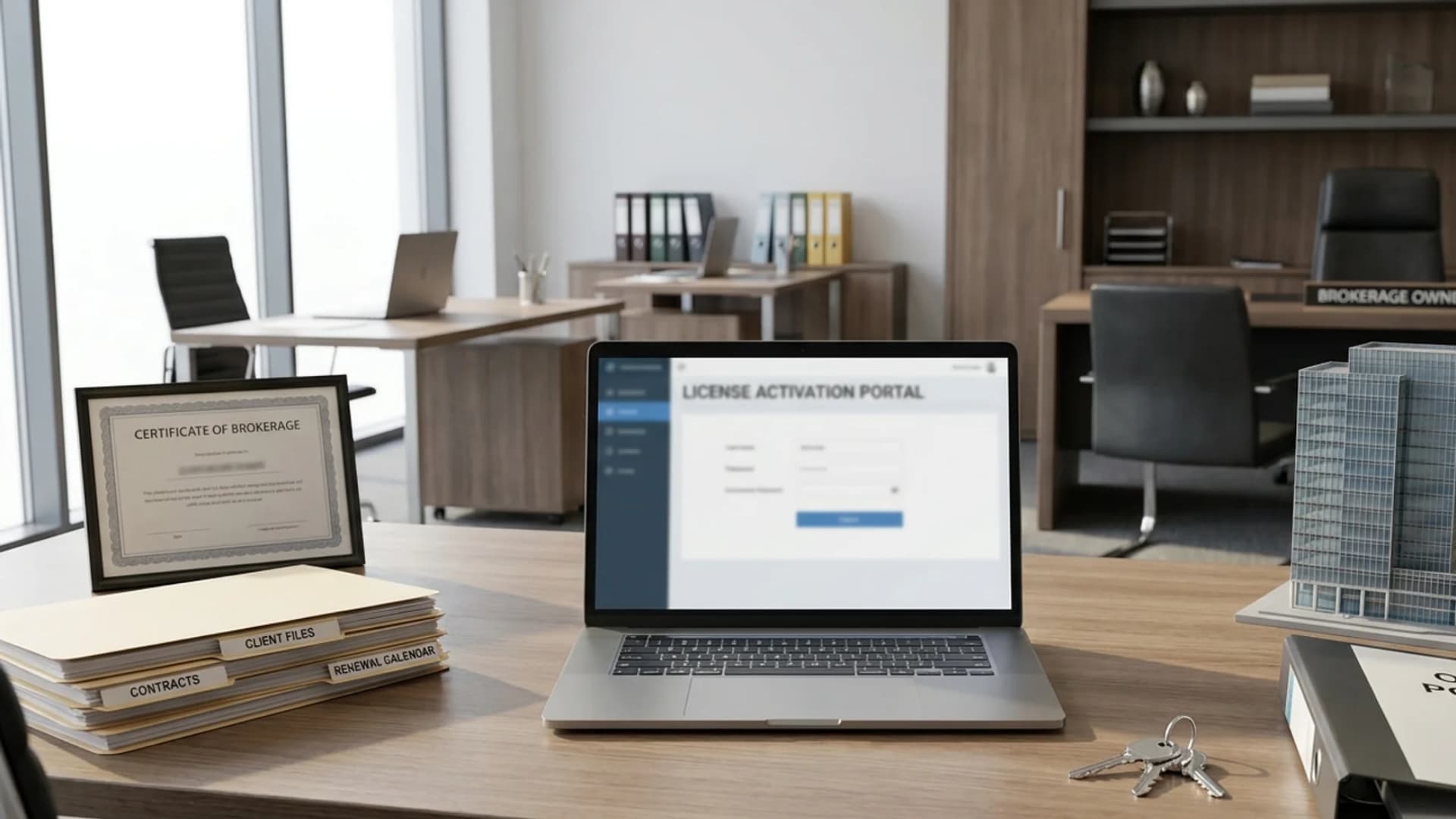 Office desk featuring a laptop open to a license activation portal and documents.