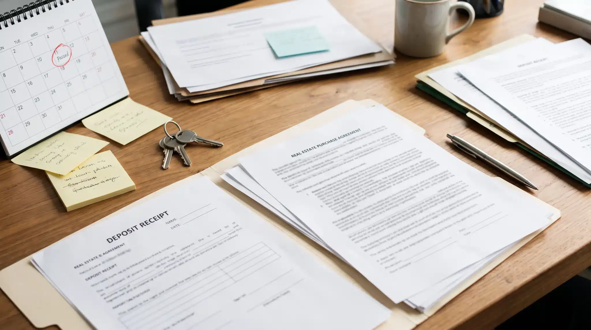 Real estate deposit paperwork with contract deadlines and warning elements